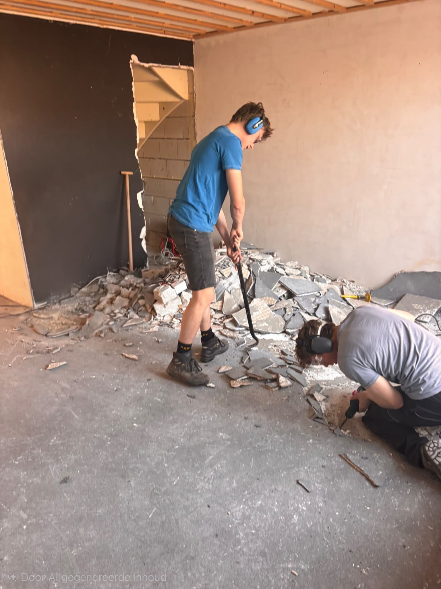 Drie jongens slopen samen een tegelvloer en binnenwand tijdens een woningverbouwing in Ouddorp.